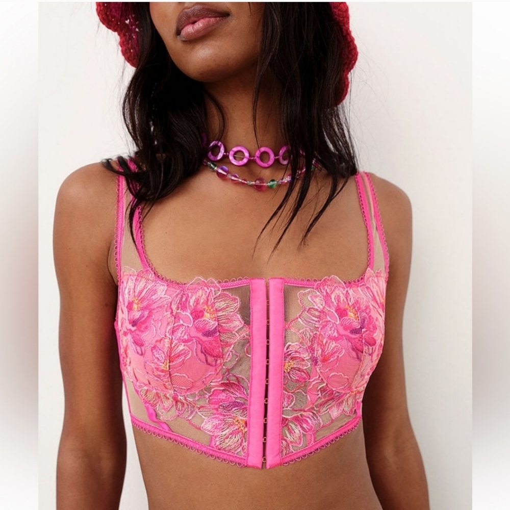 NWT For Love and Lemons FLL Pink Flower Hibiscus Lace-up Corset Bustier XXS